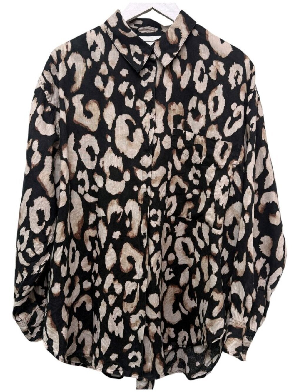 H&M Womens Linen Shirt Medium Black Leopard Button Up Oversized Womens Top